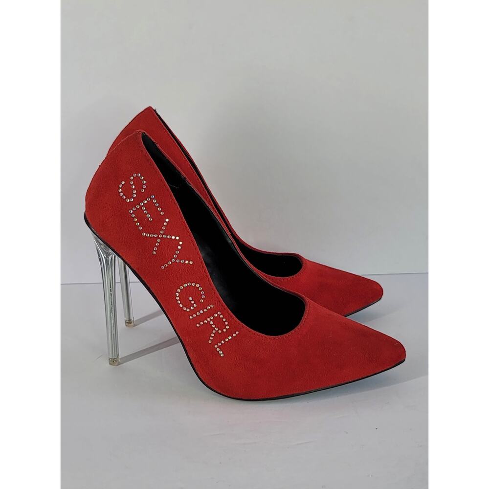 CATHY DIN Red Jeweled Sexy Girl Faux Suede Stiletto Heel Pumps Shoes Size 6 - Picture 4 of 10